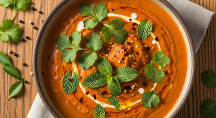 Overhead view of rich creamy orange soup or curry garnished with fresh herbs, chili flakes, and cream swirl on a wooden background