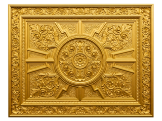 Ornate golden carved ceiling panel with intricate floral details on a transparent background