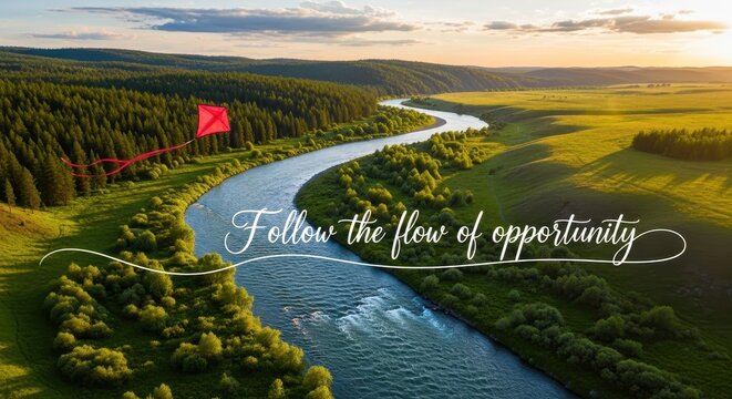 A winding river flowing through a lush green valley at sunset