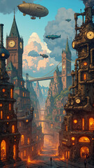 Cinematic Steampunk Street Scene with Warm Lighting