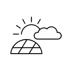 Solar panel under sun and cloud in outline drawing on transparent background