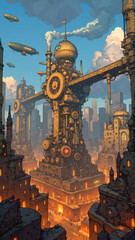 Victorian Futuristic City with Airships and Smokestacks