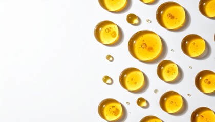 Fototapeta premium Golden Serum Drops on White Background for Skincare and Cosmetic Product Presentation.