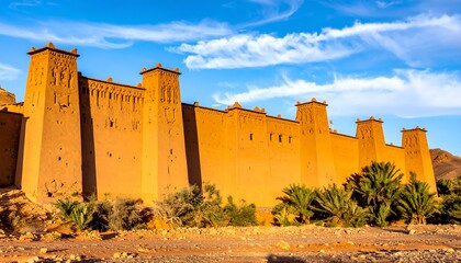 Ait Benhaddou Kasbah - Ancient Moroccan Fortress Under Blue Sky.
