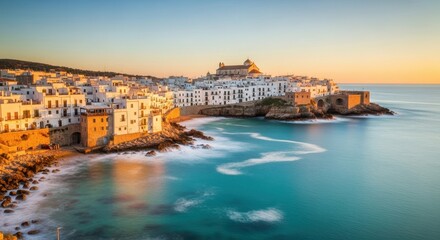 Obraz premium Coastal town with historic buildings next to blue sea at sunset