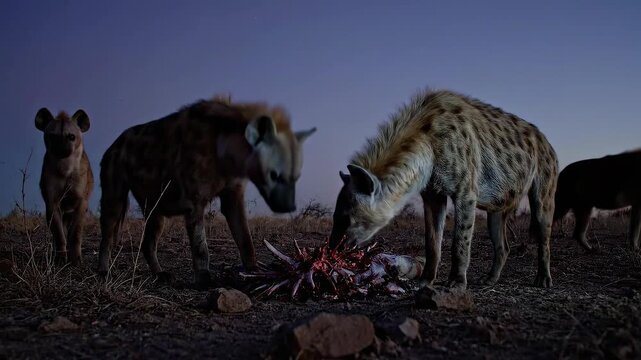 Group of hyenas feeding at dusk on the African savanna