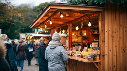 The booth is selling food and drinks on a christmas market