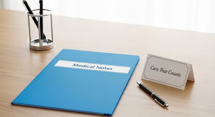 Medical notes and document folder on wooden desk