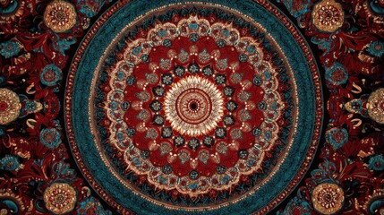 Fototapeta premium Boho ethnic india bohemian mandala print fabric background. Wall carpet backdrop with swirls and circles in India. Hypnosis, inside a colorful kaleidoscope, hallucinations. Figures and flowers.