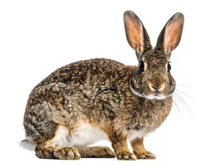Fototapeta premium Alert Brown Rabbit Portrait on White Background - A Captivating Wildlife Study.