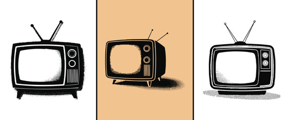 Retro vintage television illustration with antenna halftone style for nostalgic pop culture and t shirt design