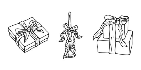 Christmas Gift and Candle Line Art. Hand Drawn Holiday Vector Set
