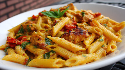 Creamy chicken penne pasta with sun-dried tomato and basil