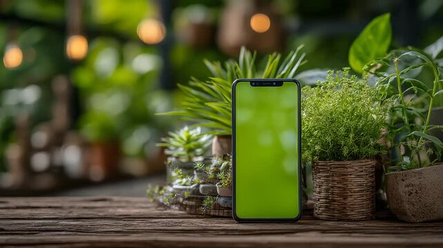 Green screen smartphone mockup video with nature background for app promo or sustainable tech campaign showcasing mobile interface and vibrant plant life