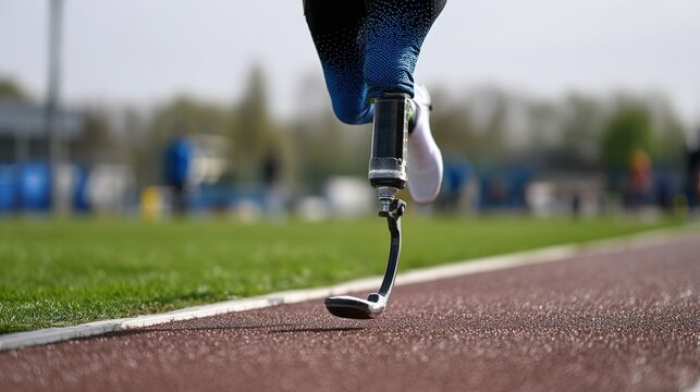 Para Athlete Running on Track with Prosthetic Limb - Powered by Adobe