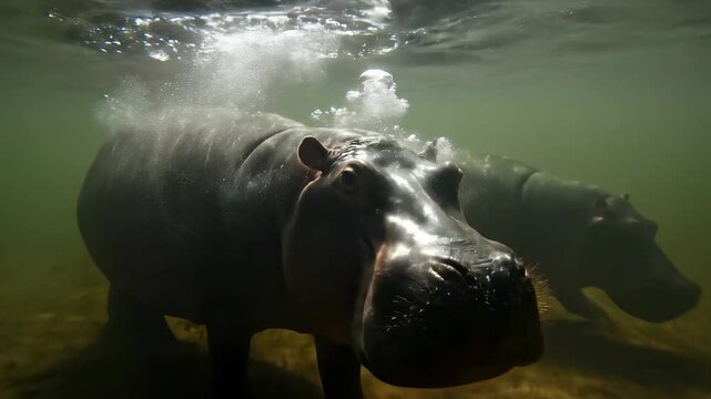 Hippopotamus underwater with bubbles and another in shadow