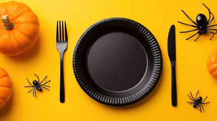 Halloween - Themed Table Setting, Black Plate with Pumpkin and Spider Decorations
