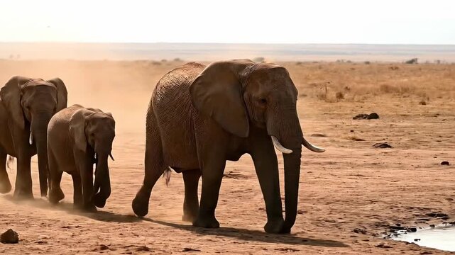Elephants walking across dry savanna landscape in Africa
