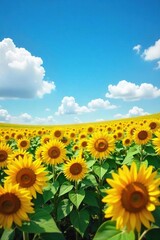 Fototapeta premium Vibrant Sunflower Field Under a Bright Blue Sky Expansive, Cheerful Nature Scene Perfect for Agriculture, Internet, and Summer Marketing