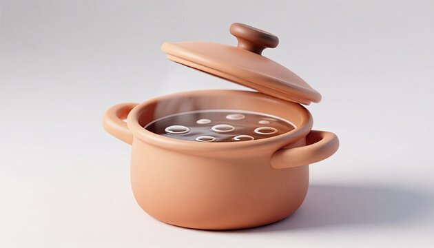 Clay pot with steaming food and lid open isolated on white background - Powered by Adobe