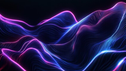 3D render, abstract neon background with blue and pink glowing lines on a black wall. Dark room interior design of a modern club or bar. Nightlight, shiny.