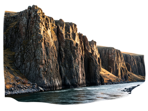 Majestic rocky cliffs along a river bend on a transparent background