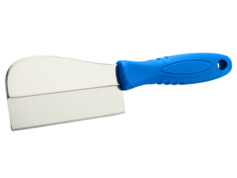 Stainless steel cheese slicer with a blue handle on a transparent background