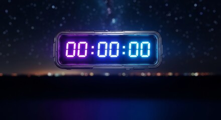 digital futuristic countdown timer glowing, dark night sky 