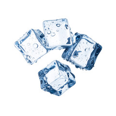 Fototapeta premium PNG Crystallized Refreshment: Four perfectly formed ice cubes glisten, adorned with droplets, exuding chill in a captivating display of refreshing coolness. 