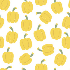 Seamless Yellow Bell Pepper Pattern Vector Illustration in Hand-Drawn Flat Style on White Background