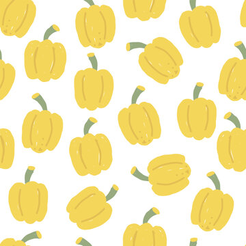 Seamless Yellow Bell Pepper Pattern Vector Illustration in Hand-Drawn Flat Style on White Background