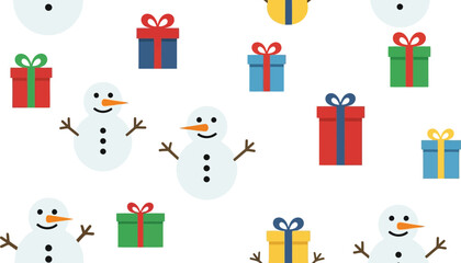 Seamless pattern cheerful snowmen and colorful gift boxes festive holiday winter theme illustration vector