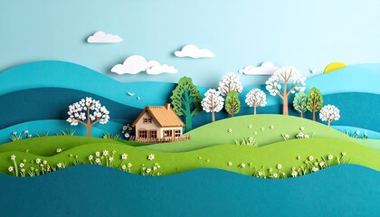 Papercut Layered Spring Landscape with Cozy House and Soft Shadows