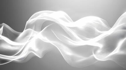 Ethereal white fabric waves gracefully flowing across a soft gray background, creating a serene ambiance