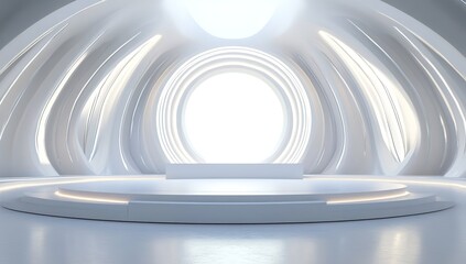 Fototapeta premium 3D render of a white, empty stage with a round podium and light ring in a futuristic room, a panoramic background for a presentation. All focus, brightness, daylight, bright room lighting