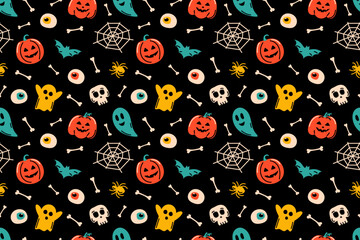 Halloween seamless pattern in retro colors. Ghost and pumpkin, skull and crossbones, cobweb and spider, eye. Design for textiles, wrapping paper, fabric. Vector illustration.