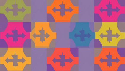 Colorful Geometric Shapes Pattern with Arrows on Purple Background Design