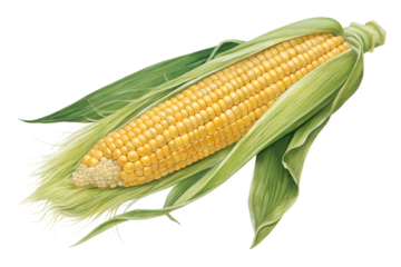 Realistic fresh sweet corn on the cob with green husk, partially peeled to expose juicy yellow kernels. Isolated on a transparent PNG background, perfect for food packaging mockups, farm product adver