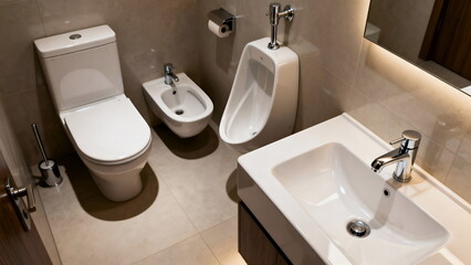 A modern bathroom featuring a toilet, bidet, urinal, sink, toilet brush, toilet paper holder, and light - colored tiles.