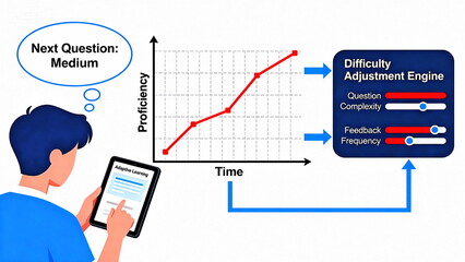 Illustration of a person using a tablet for adaptive learning, with a thought bubble “Next Question: Medium”, a proficiency - over - time graph, and a “Difficulty Adjustment Engine” interface.
