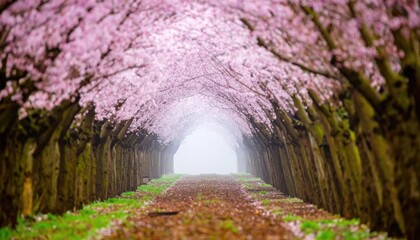 Pastel Pink Blossom Tunnel Path In Spring