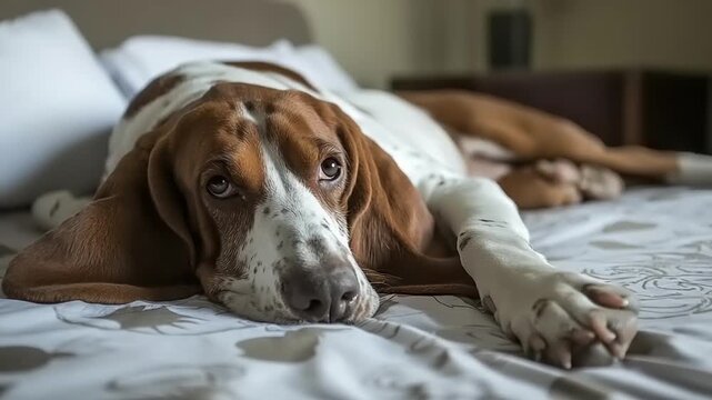Sad basset hound dog rests its head on a patterned blanket.