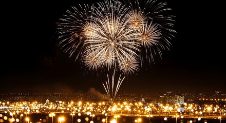 New Year’s Eve fireworks display over the city river at night