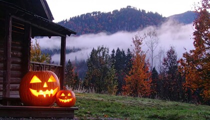 Glowing Jack-o'-Lanterns on a Rustic Cabin Porch at Dusk