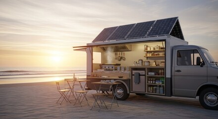 A mobile coffee shop on a beach at sunset.