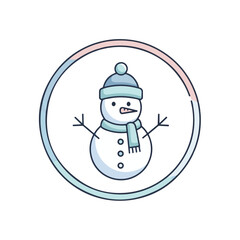Illustration of a snowman wearing a hat and scarf inside a circle.