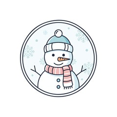 Illustration of a snowman with a hat and scarf in a circle frame.