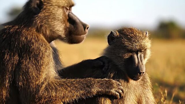 Two baboons interacting with each other in sunlight