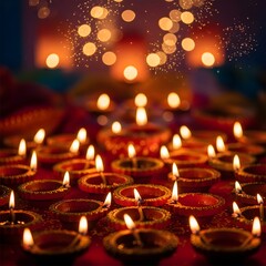 Church lights glow in the dark, a religious display of burning wax candles and bright flames for prayer
