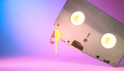 Damaged VHS Tape with Yellow Leak on Purple and Blue Gradient Background